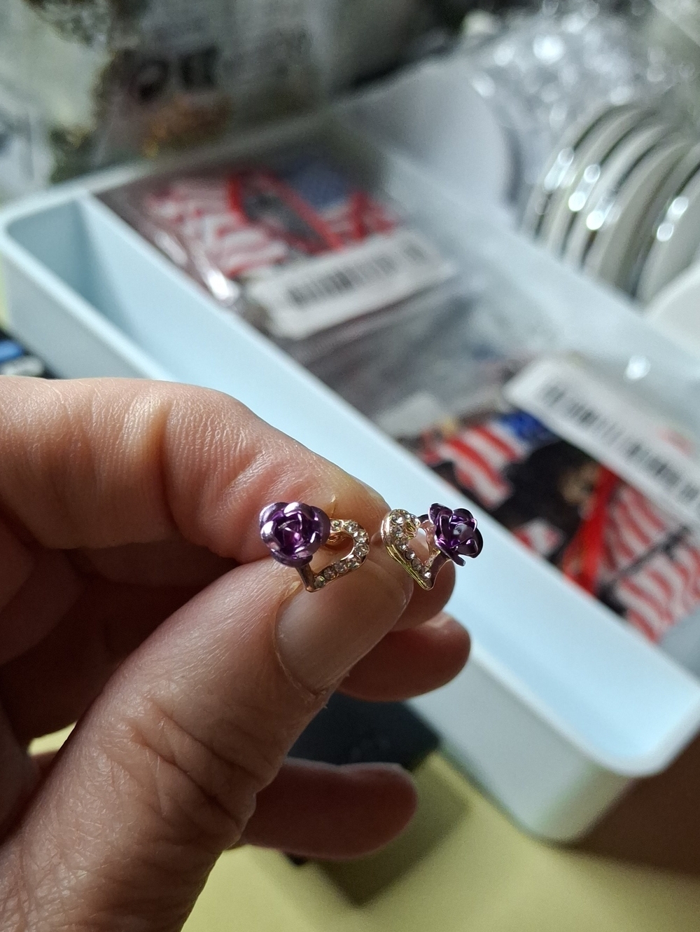 Gold-Tone Purple Rose Heart Earrings New
